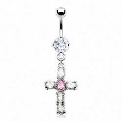 Piercing nombril croix 12 - Rose et transparente