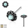 Piercing nez droit 0,8mm motif fleur centrale turquoise (62)