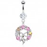 Piercing nombril noeud papillon avec nœud papillon entouré de cercle de fleurs roses (22)
