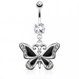 Piercing nombril papillon ailes noires avec strass (04)