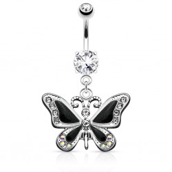 Piercing nombril papillon ailes noires avec strass (04)