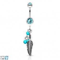 Piercing nombril plume 17 - Trois perles turquoises