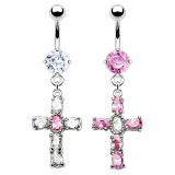 Piercing nombril croix 12 - Rose et transparente