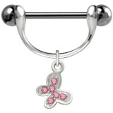 Piercing téton barbell 57 - Papillon strass roses