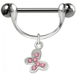 Piercing téton barbell 57 - Papillon strass roses