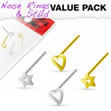 Pack de piercings nez 0.8mm 23 - Pliables coeurs étoiles