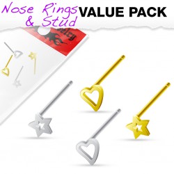 Pack de piercings nez 0.8mm 23 - Pliables coeurs étoiles