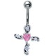Piercing nombril croix ornement croix avec cœur rose central et pierres transparentes (25)
