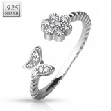 Bague de pied argent 17 - Papillon strass et fleur