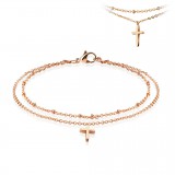 Chaine de cheville 14 - Double chainette rose avec croix