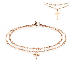Chaine de cheville 14 - Double chainette rose avec croix