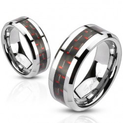 Bague acier 13 - Fibres de carbone noirs et rouges