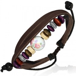 Bracelet en cuir deluxe 08 - Grosse perle avec fleurs