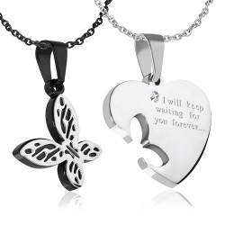 Pendentif pour couple 12 - Papillon noir et coeur