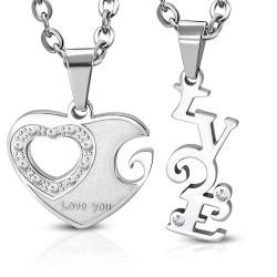 Pendentif pour couple 16 - Coeur et LOVE gris