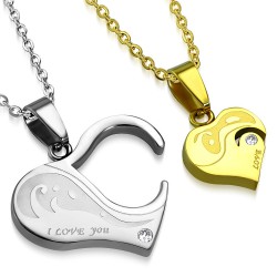 Pendentif pour couple 21 - Coeur gris et coeur jaune