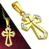 Pendentif croix 093 - Gold-ip creux strass transparents