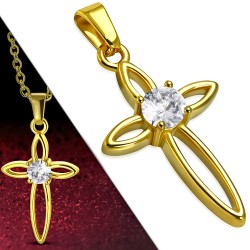 Pendentif croix 133 - Gold-ip creux strass transparents