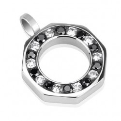 Pendentif acier 19 - Cercle zircones noirs et transprents
