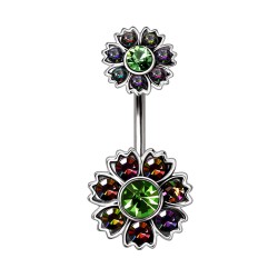 Piercing nombril fleur 17 - Cristaux verts et auroras