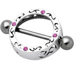 Piercing téton cercle tribal strass rose (12)