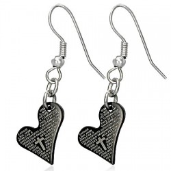 Boucles d'oreilles crochets en acier 56 - Coeur A noir avec croix et texte