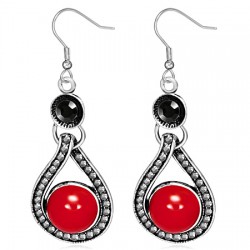 Boucles d'oreilles vintages 50 - Goutte vrillée gem rond rouge