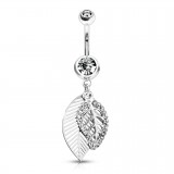 Piercing nombril feuille grise ornée de strass (D232)
