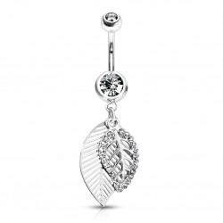 Piercing nombril feuille grise ornée de strass (D232)
