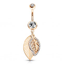 Piercing nombril feuille rose ornée de strass (D232)