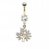 Piercing nombril arbre jaune avec feuilles et strass (D133)