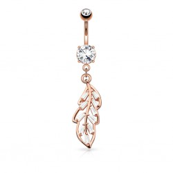 Piercing nombril feuille rose zircones rectangulaires (D155)
