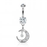 Piercing nombril lune grise pendante trois strass (D137)