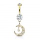 Piercing nombril lune jaune pendante trois strass (D137)
