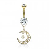 Piercing nombril lune jaune pendante trois strass (D137)