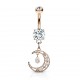 Piercing nombril lune rose pendante trois strass (D137)