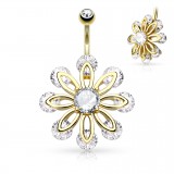 Piercing nombril fleur jaune zircones ronds (D18)