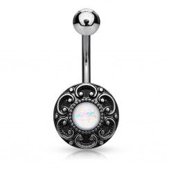 Piercing nombril vintage gris rond opalite blanche (D32)