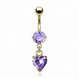 Piercing nombril plaqué-or 06 - Cristal lilas pendant coeur