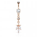 Piercing nombril pendant rose trois cristaux (D53)