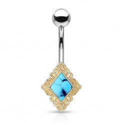 Piercing nombril losange jaune avec turquoise (D74)