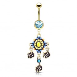 Piercing nombril vintage jaune multicolore feuilles pendantes (D148)