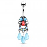 Piercing nombril vintage gris breloques pendantes turquoises (D107)
