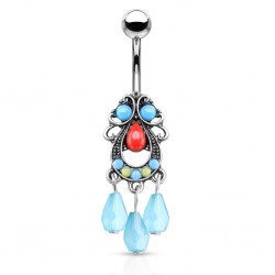 Piercing nombril vintage gris breloques pendantes turquoises (D107)