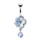 Piercing nombril fleur 03 - Hibiscus et perle bleu-clair