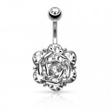 Piercing nombril fleur 12 - Gris cristal transparent