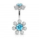 Piercing nombril fleur 13 - Haut et bas multistrass bleu-clair