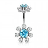 Piercing nombril fleur 13 - Haut et bas multistrass bleu-clair