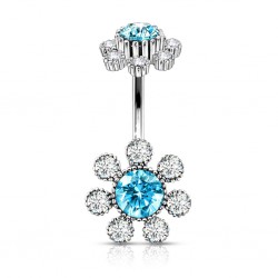 Piercing nombril fleur 13 - Haut et bas multistrass bleu-clair