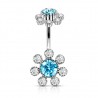 Piercing nombril fleur 13 - Haut et bas multistrass bleu-clair